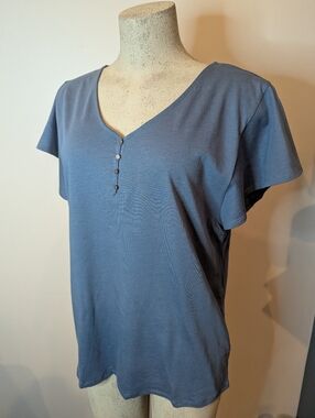 New Bleu Gray Flutter Sleeve Top Blouse V Neck Cotton Modal Feminine Top Size L